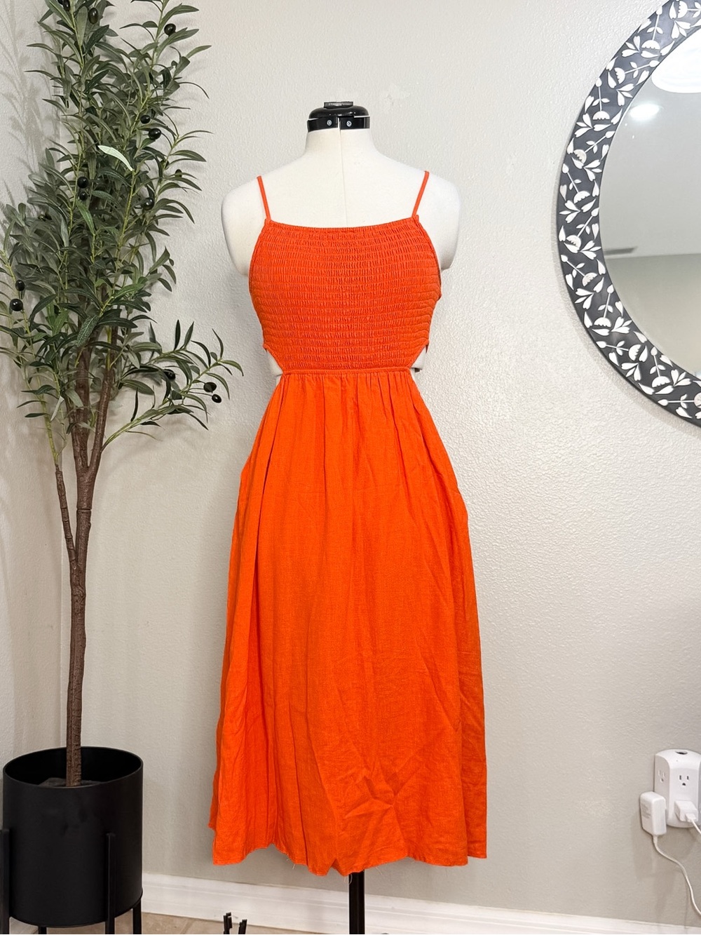 Anthropologie (Saltwater Luxe) Smocked Bodice Orange Midi Dress with Side Cutout
